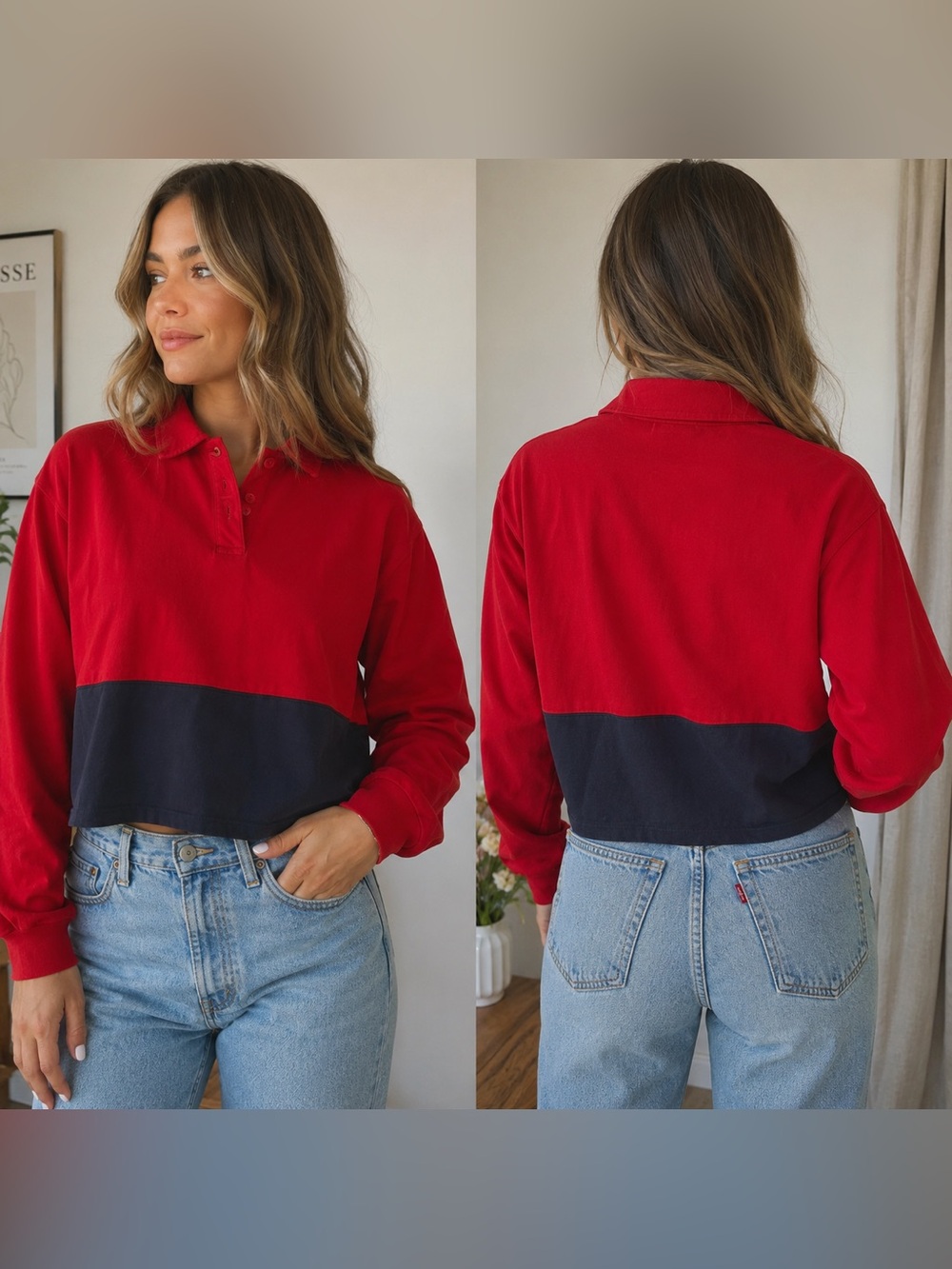 Eddie Bauer Cropped Rugby Polo Shirt Red Navy Colorblock Women’s Small Cotton